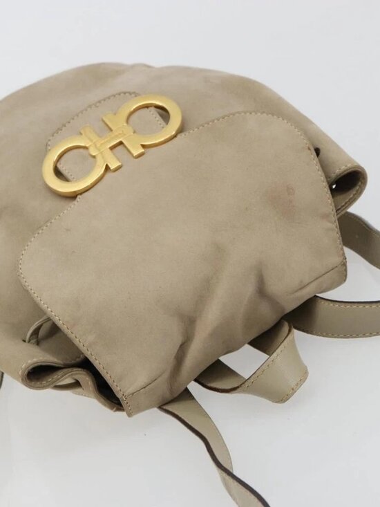 Salvatore Ferragamo Gancini Backpack Suede Gray Gold Auth 179844